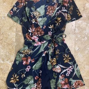 Navy Blue Floral Wrap Tie Short Sleeve Dress